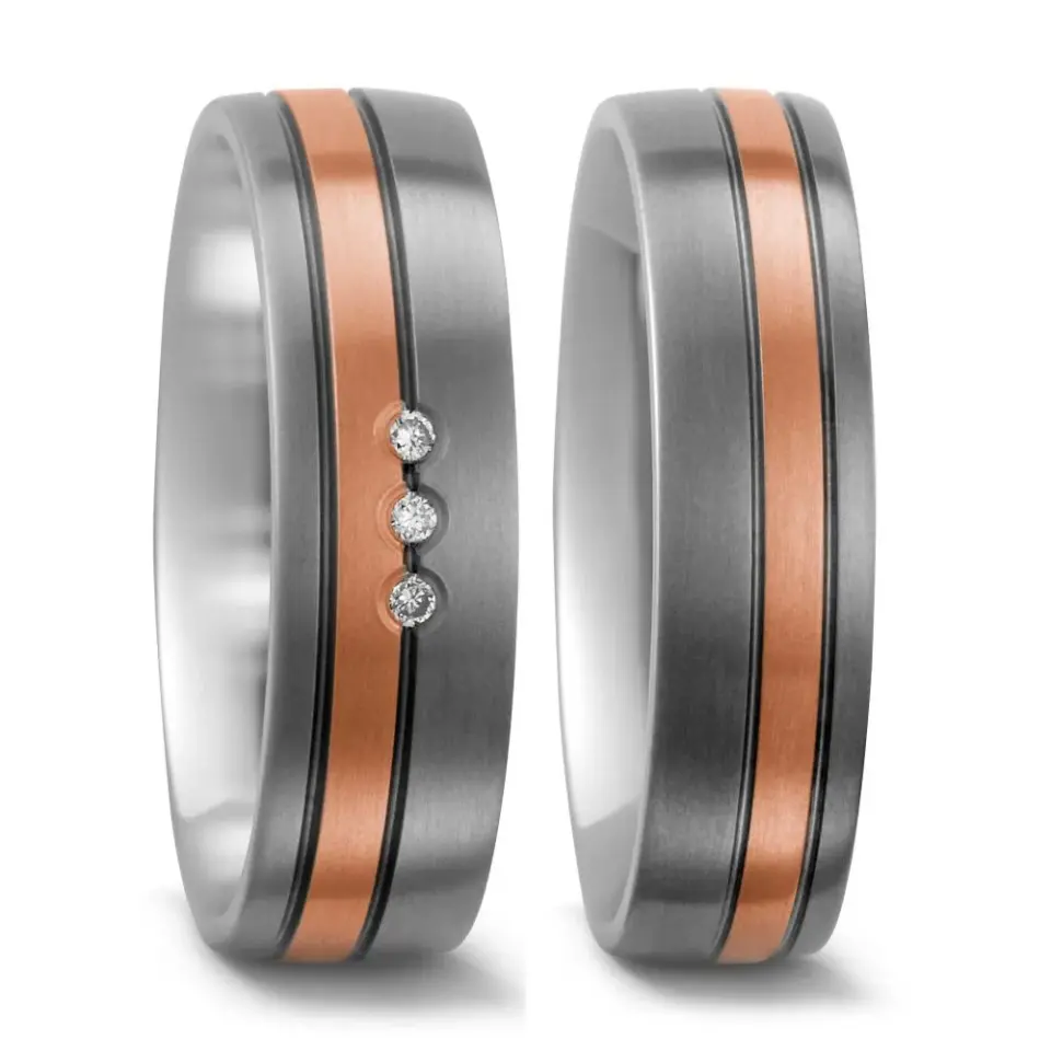 Alianzas de boda de titanio y oro rosado con diamantes