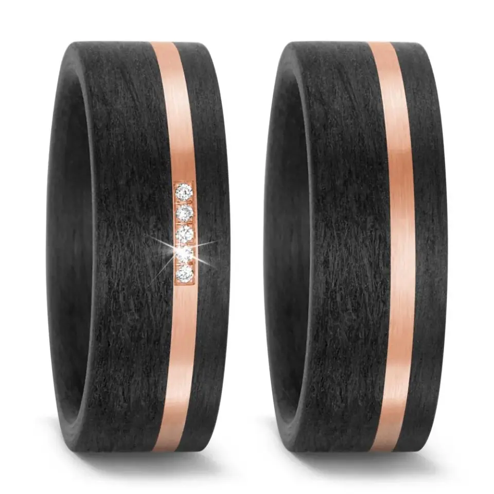 Alianzas de boda de carbono y oro rosado con diamantes