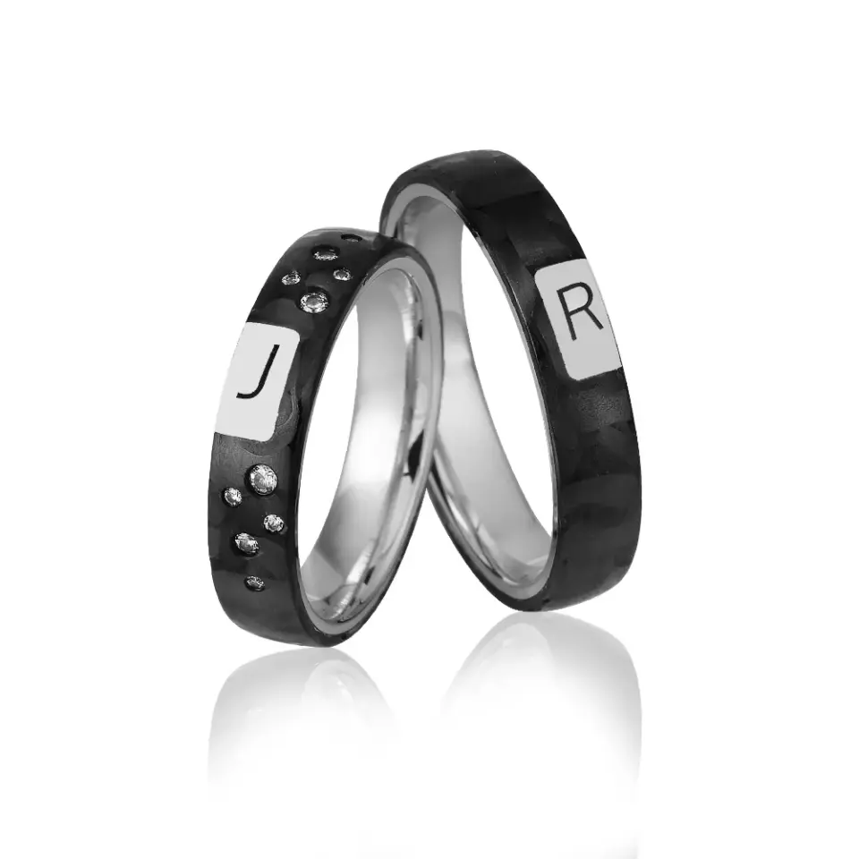 Alianzas de boda de paladio y carbono con diamantes