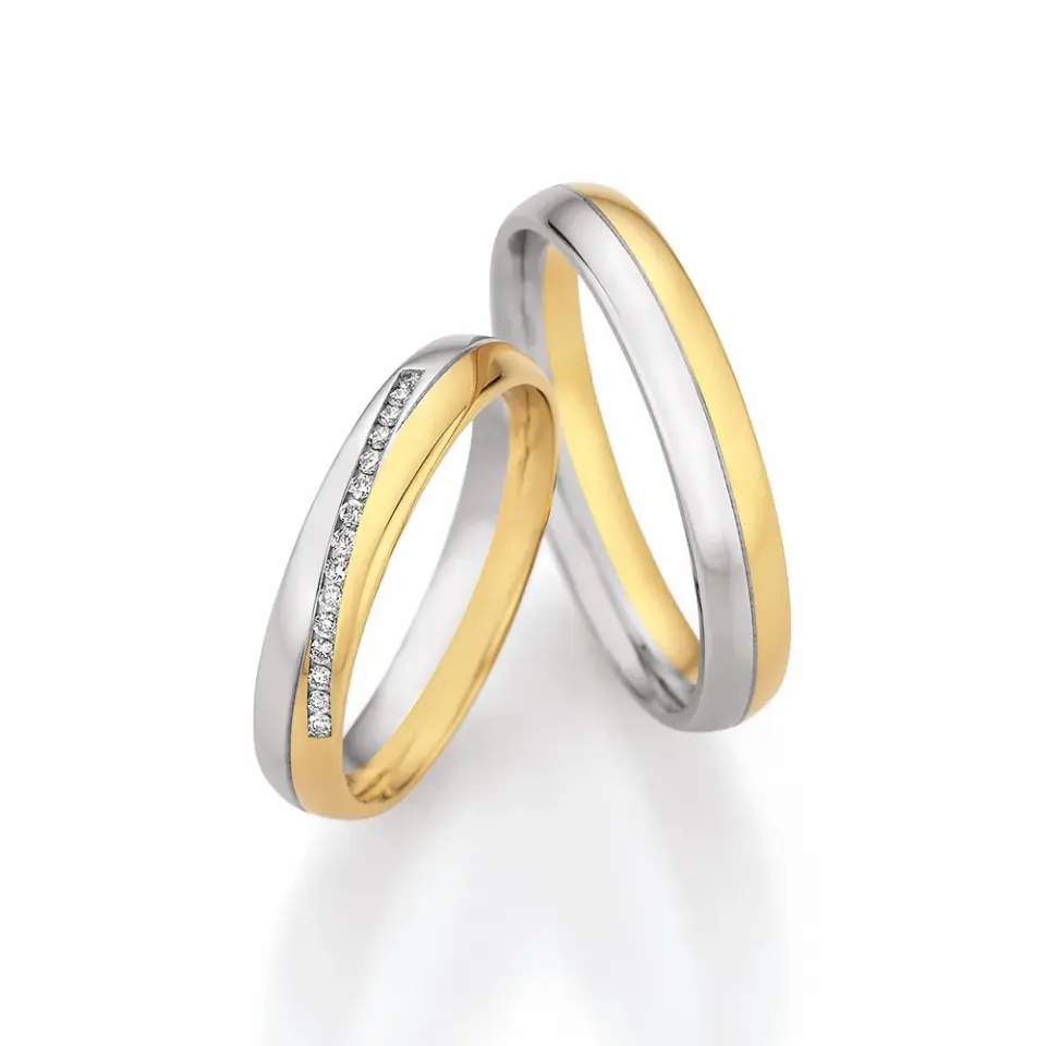 Alianzas de boda de paladio y oro amarillo con diamantes