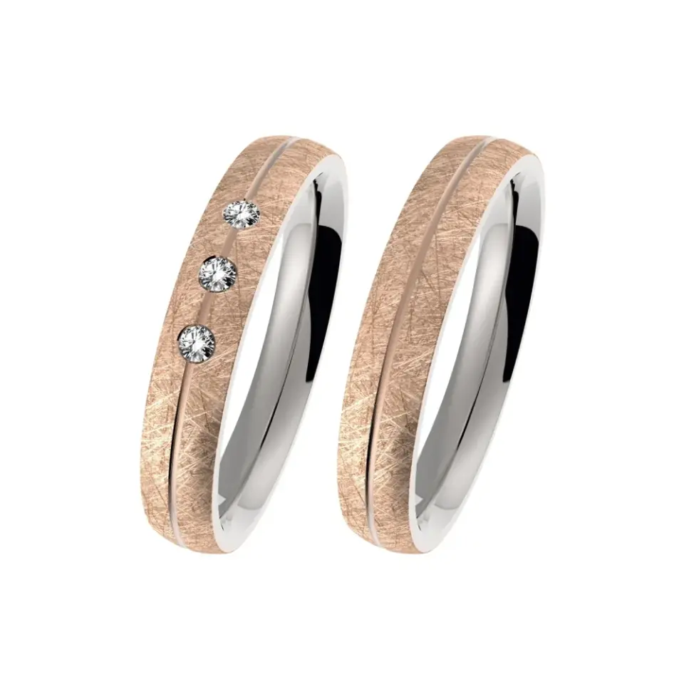 Alianzas de boda de acero y oro rosado con diamantes
