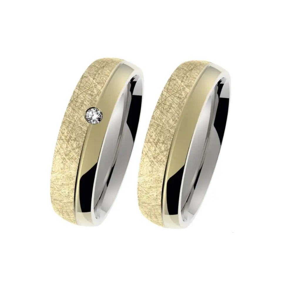 Alianzas de boda de acero y oro amarillo con diamante