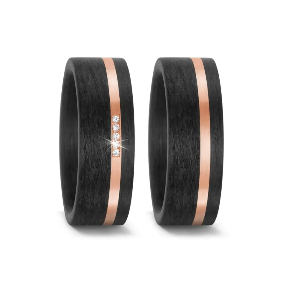 Alianzas de boda de carbono y oro rosado con diamantes