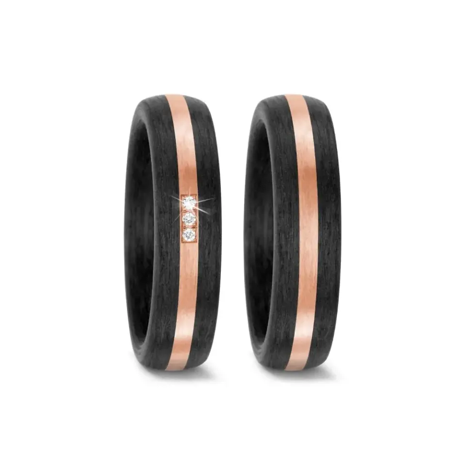 Alianzas de boda de carbono y oro rosado con diamantes