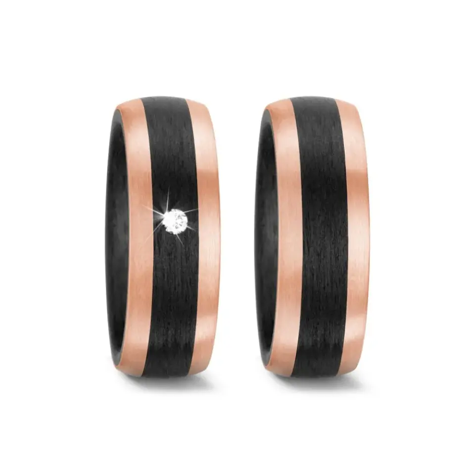 Alianzas de boda de carbono y oro rosado con diamante