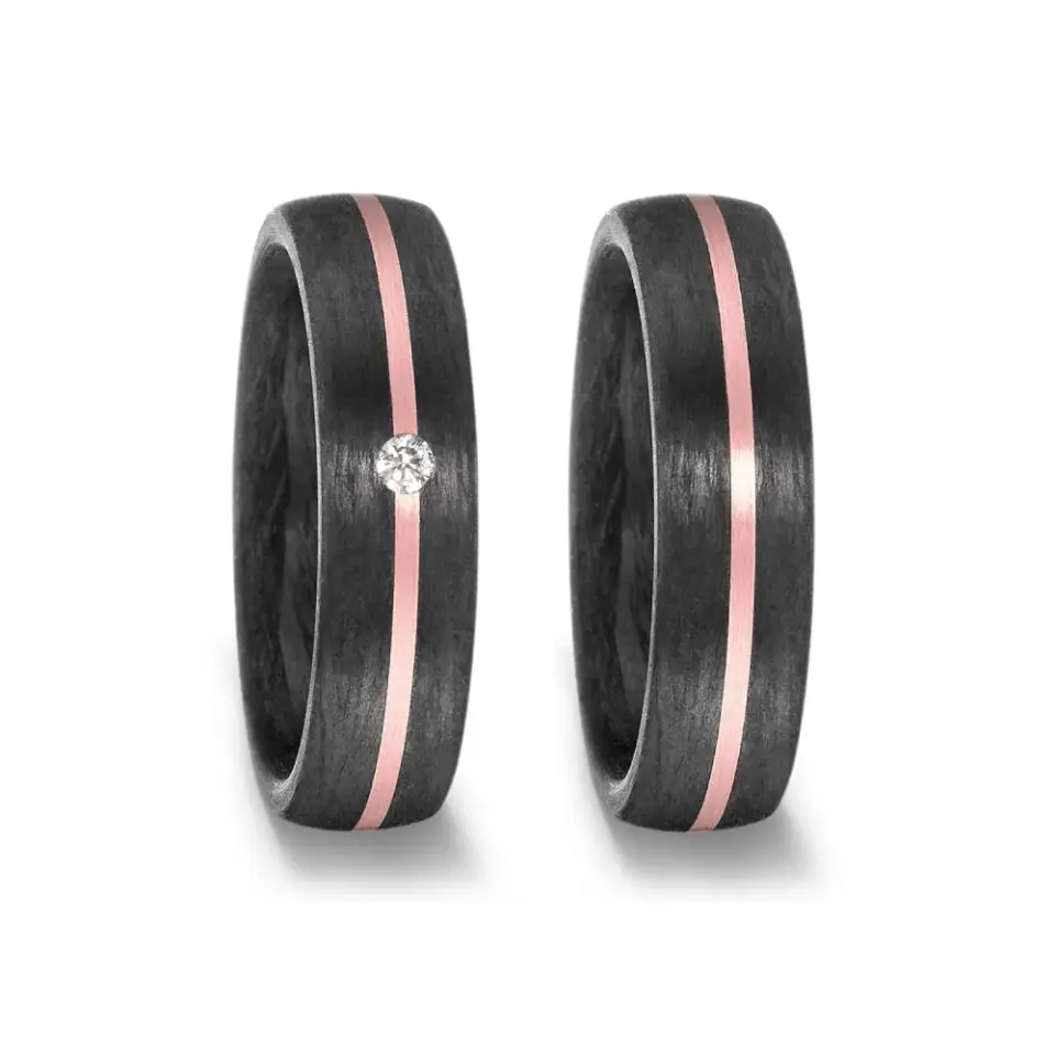 Alianzas de boda de carbono y oro rosado con diamante