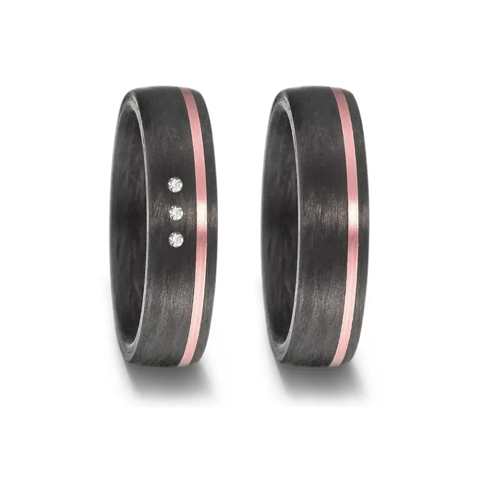 Alianzas de boda de carbono y oro rosado con diamantes
