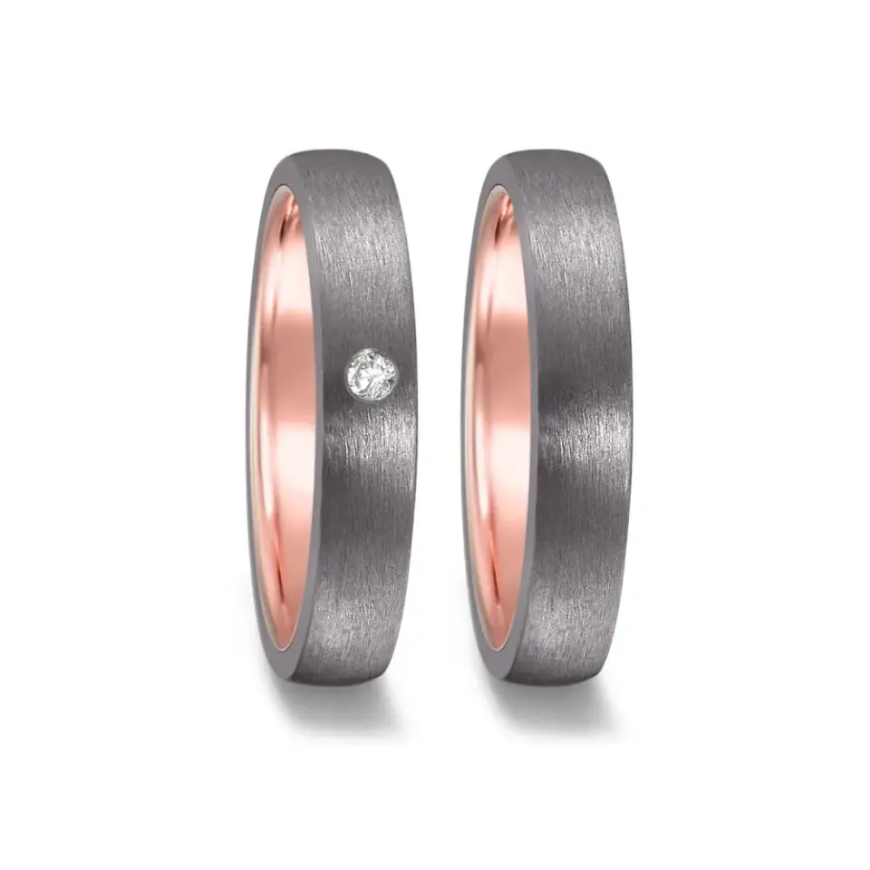 Alianzas de boda de tántalo y oro rosado con diamante