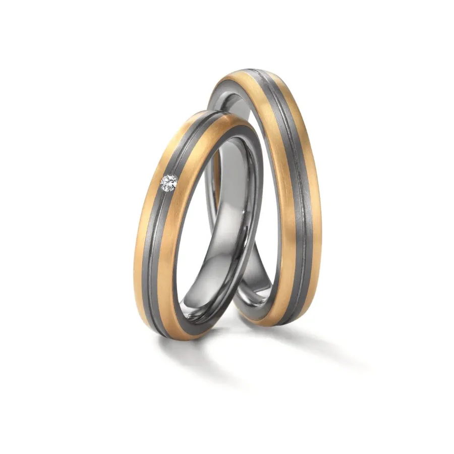 Alianzas de boda de tántalo y oro amarillo con diamante