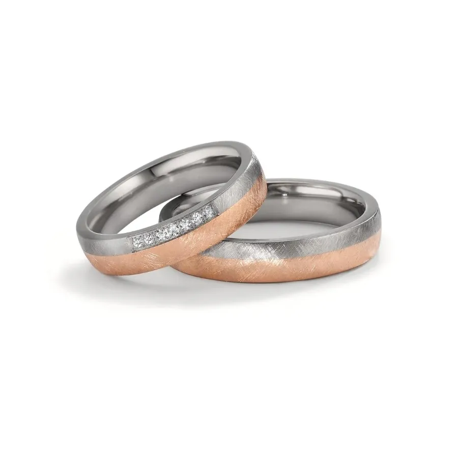 Alianzas de boda de tántalo y oro rosado con diamantes