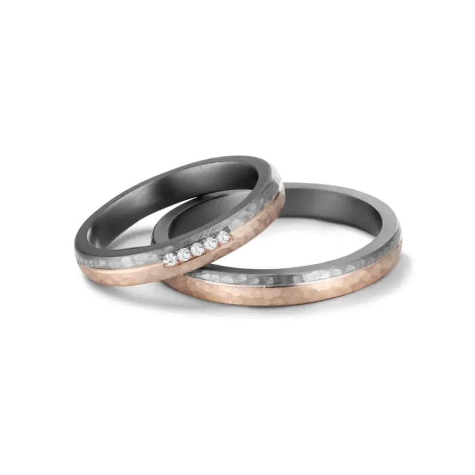 Alianzas de boda de tántalo y oro rosado con diamantes