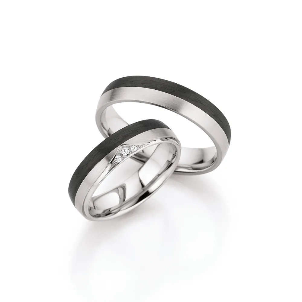 Alianzas de boda de platino y carbono con diamantes