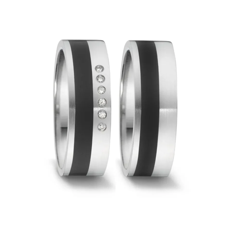 Alianzas de boda de acero y cerámica con diamantes