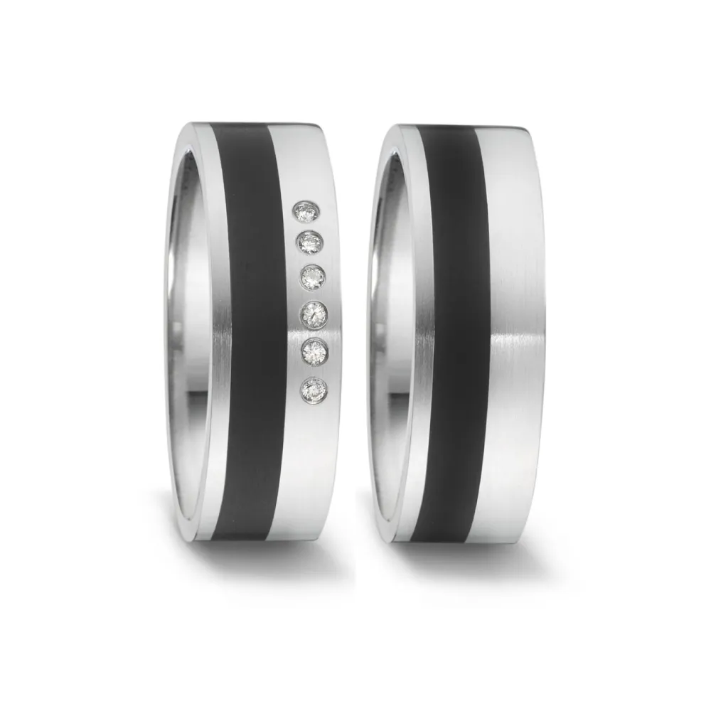 Alianzas de boda de acero y cerámica con diamantes