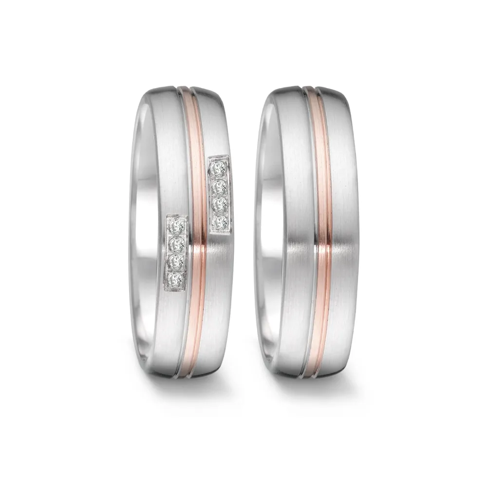 Alianzas de boda de acero y oro rosado con diamantes