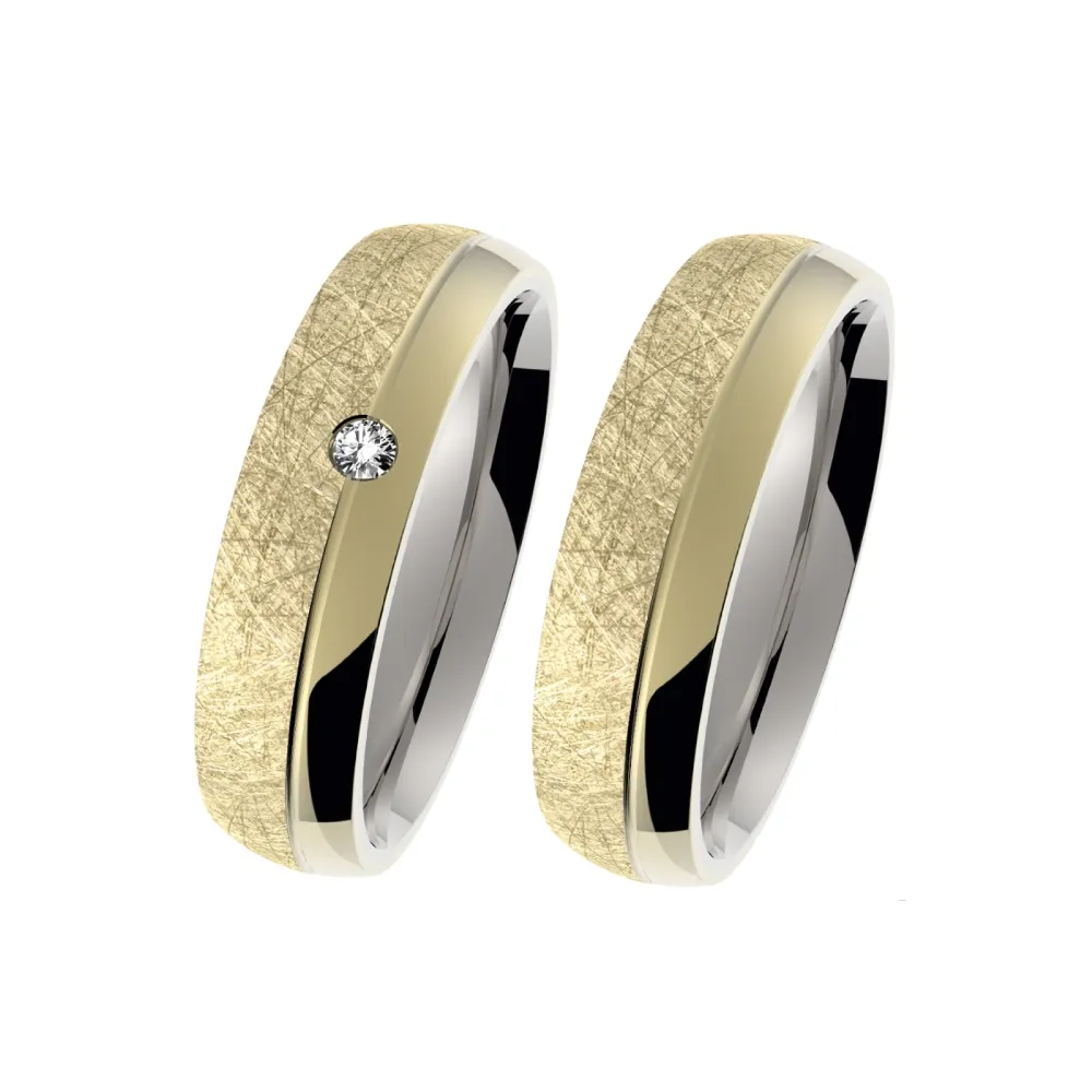 Alianzas de boda de acero y oro amarillo con diamante