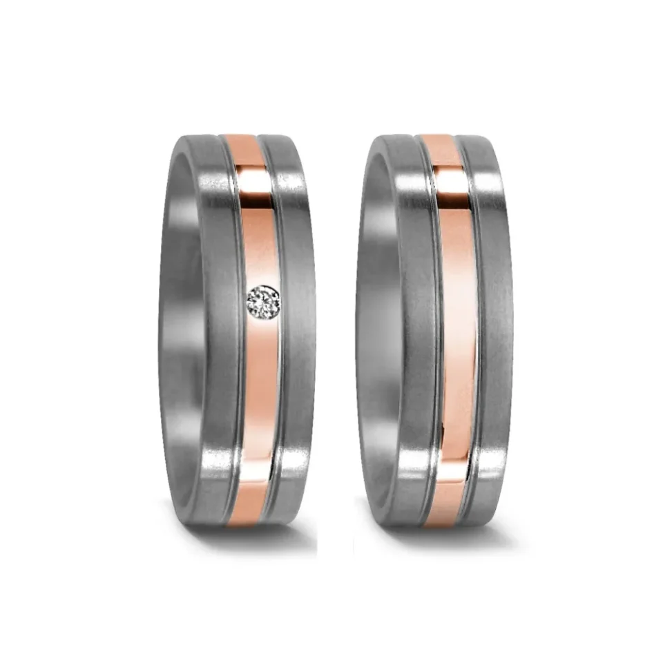 Alianzas de boda de titanio y oro rosado con diamante