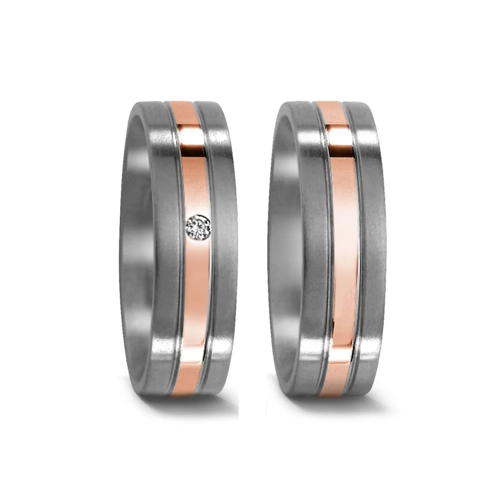 Alianzas de boda de titanio y oro rosado con diamante