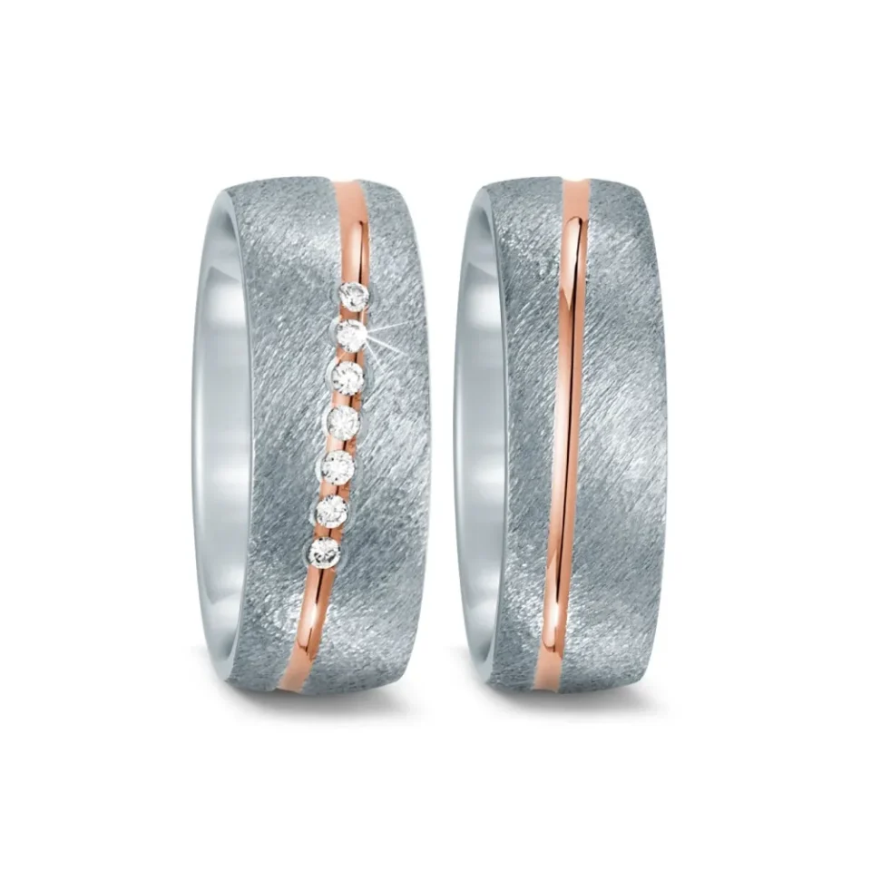 Alianzas de boda de titanio y oro rosado con diamantes
