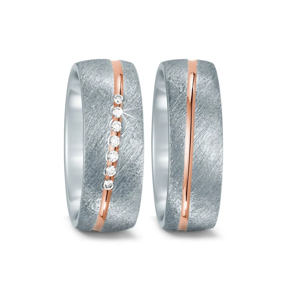 Alianzas de boda de titanio y oro rosado con diamantes