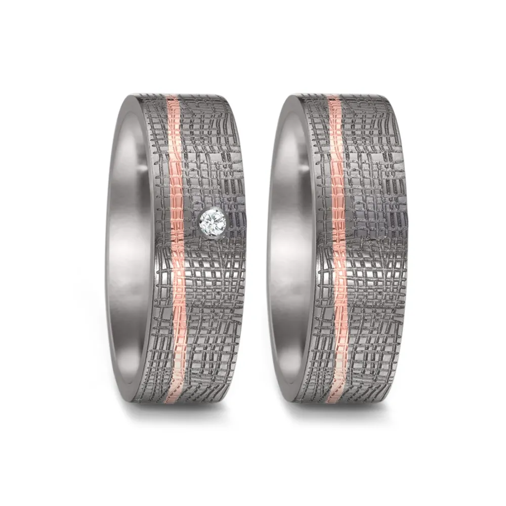Alianzas de boda de tántalo y oro rosado con diamante