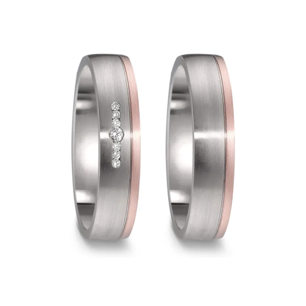 Alianzas de boda de titanio y oro rosado con diamantes