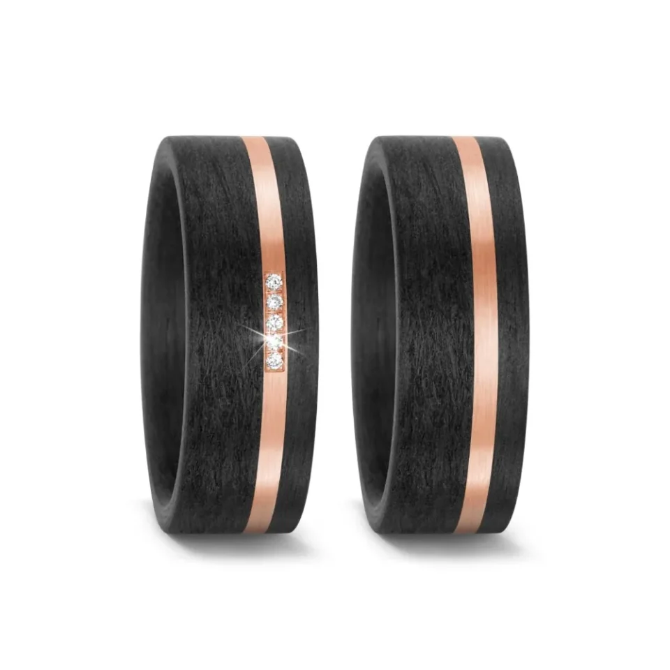 Alianzas de boda de carbono y oro rosado con diamantes