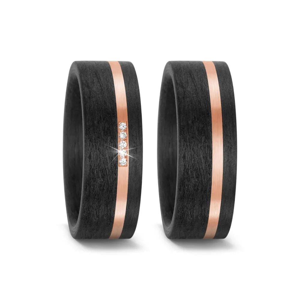 Alianzas de boda de carbono y oro rosado con diamantes
