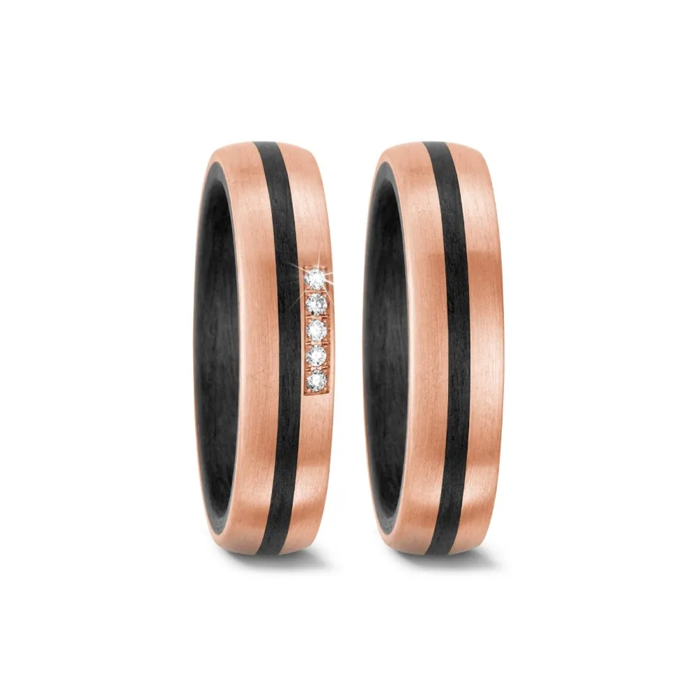 Alianzas de boda de carbono y oro rosado con diamantes