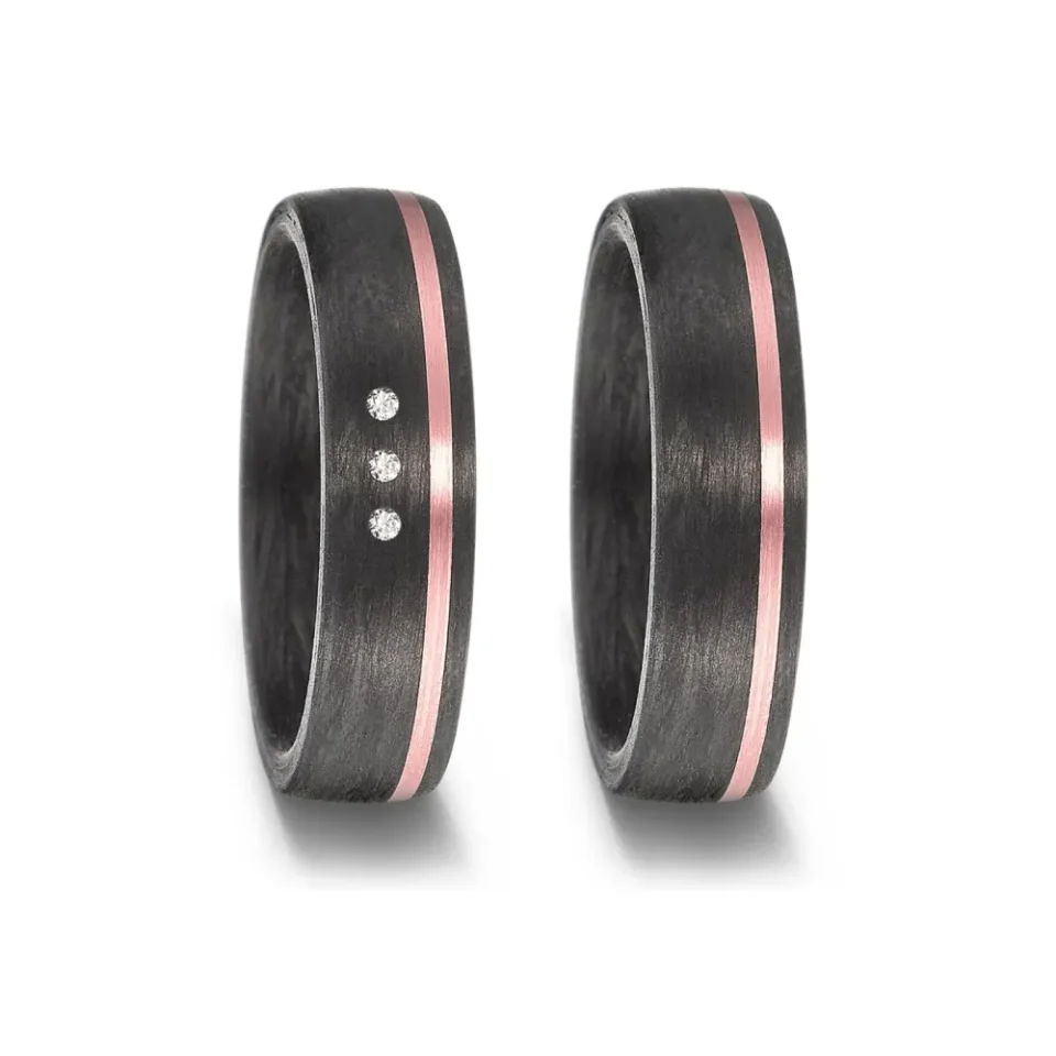 Alianzas de boda de carbono y oro rosado con diamantes