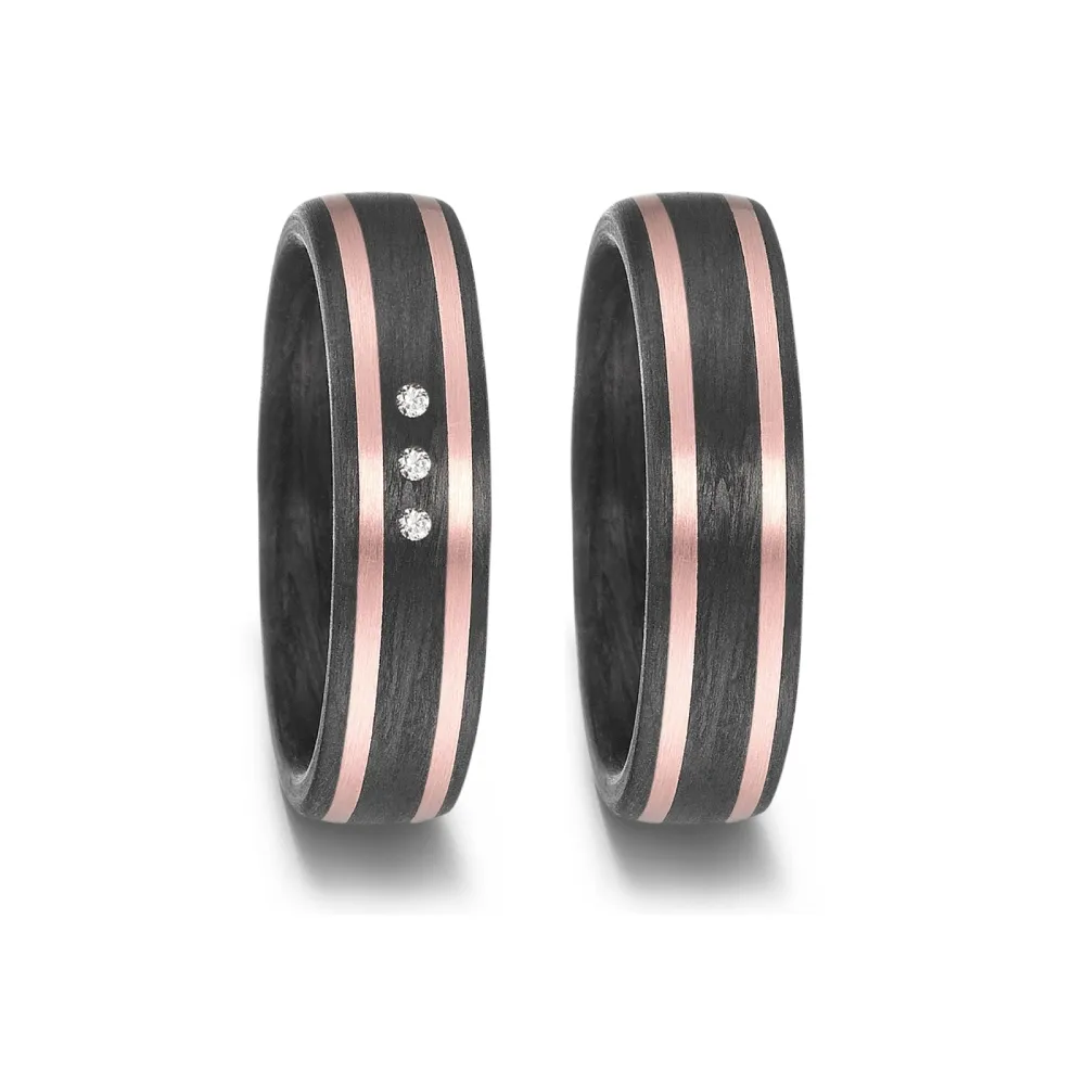 Alianzas de boda de carbono y oro rosado con diamantes
