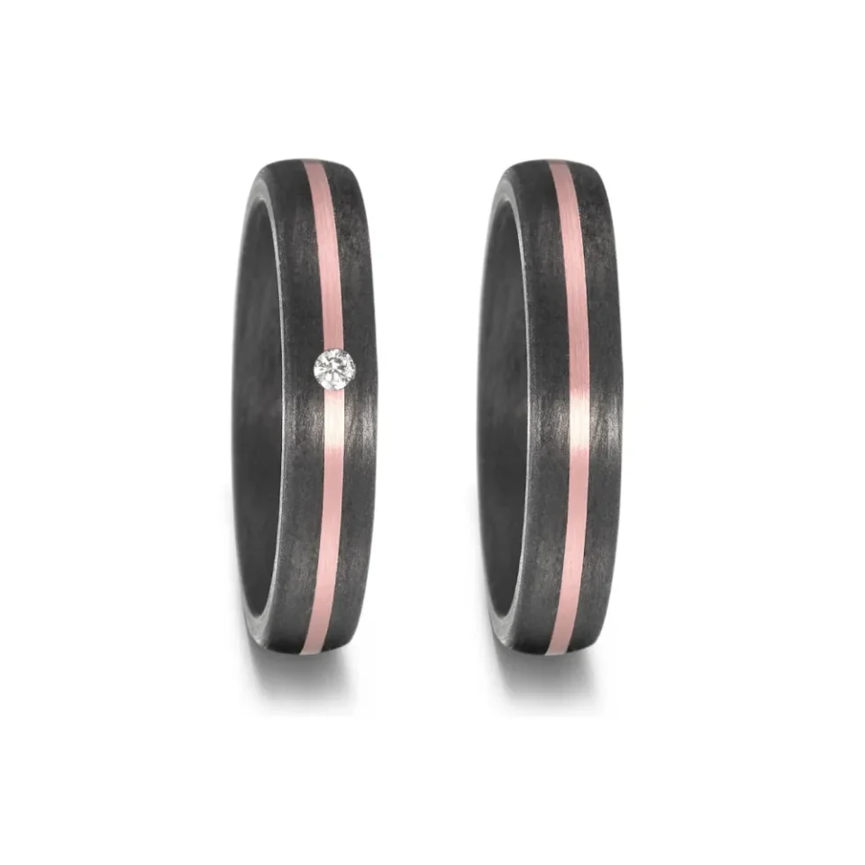Alianzas de boda de carbono y oro rosado con diamante