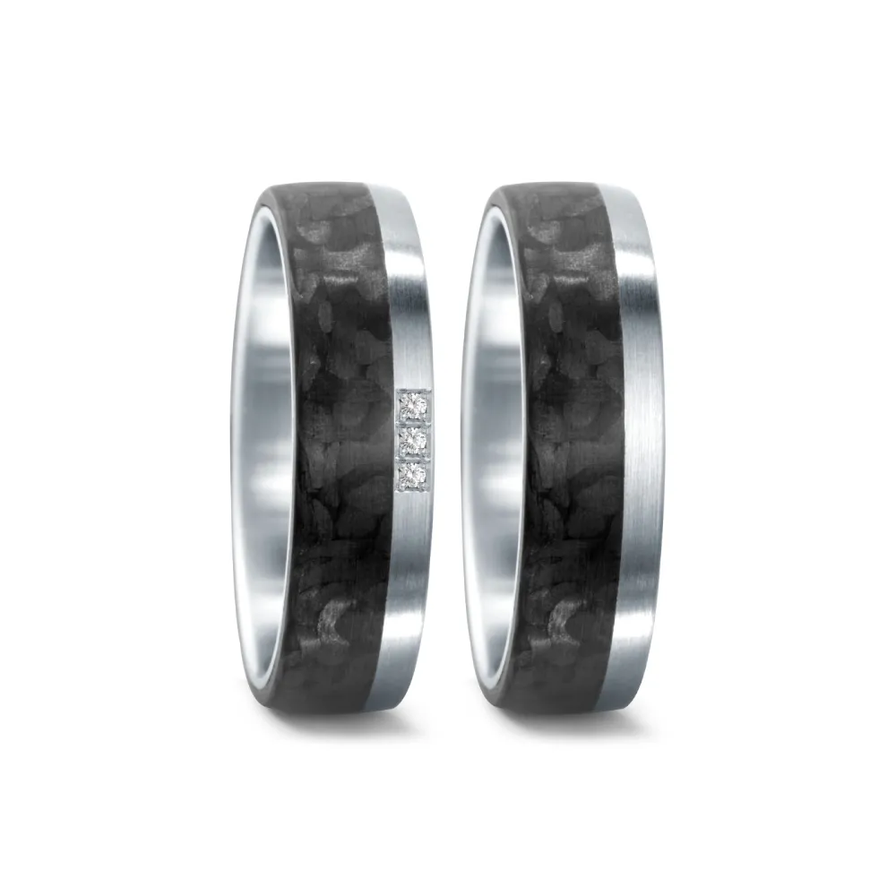 Alianzas de boda de acero y carbono con diamantes