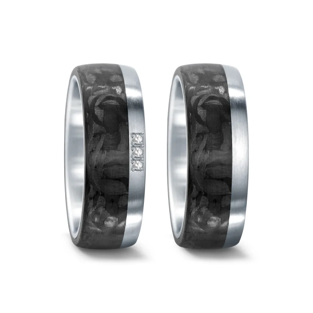 Alianzas de boda de acero y carbono con diamantes