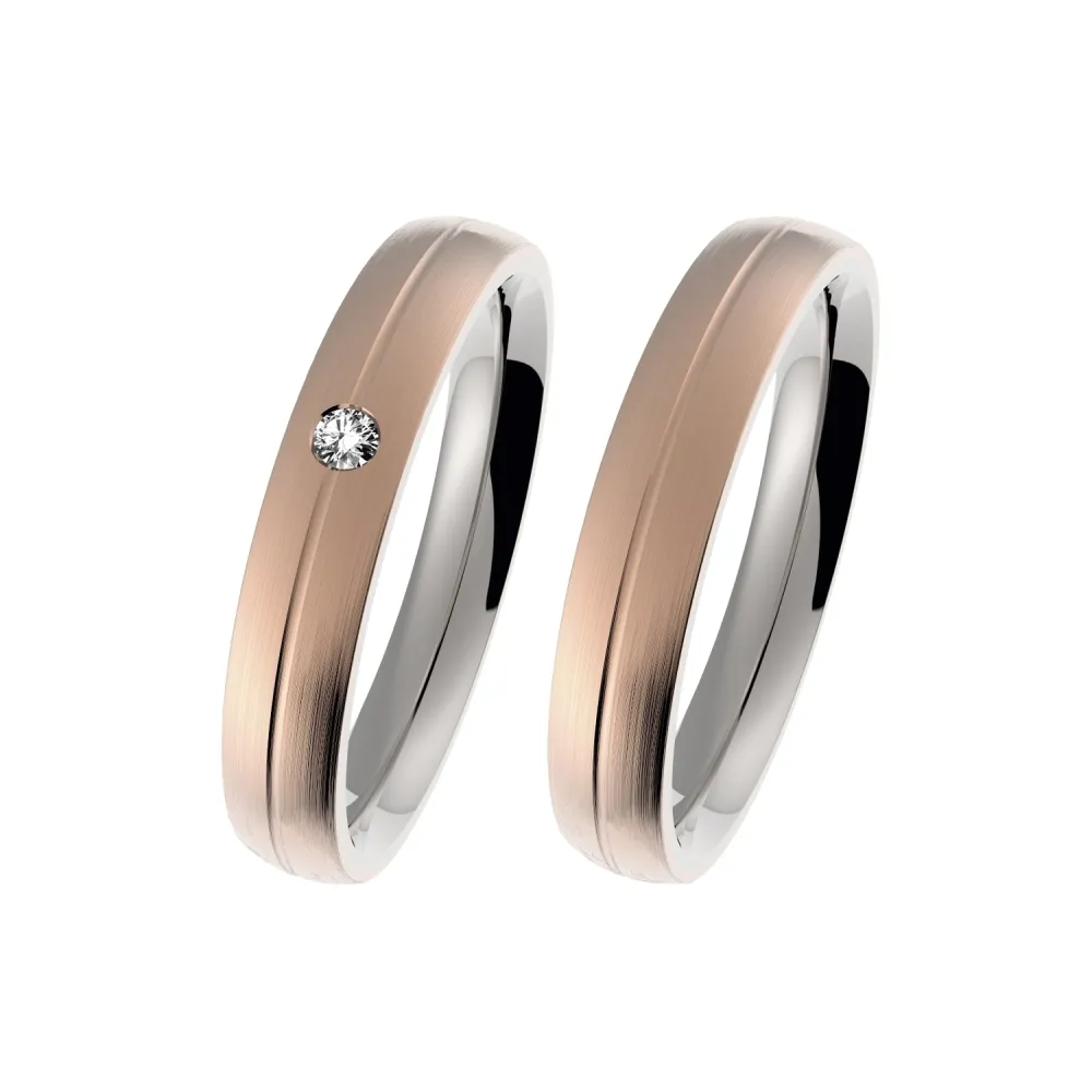 Alianzas de boda de acero y oro rosado con diamante